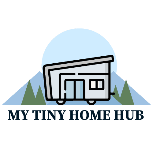 Logo of My Tiny Home Hub featuring a minimalist illustration of a modern tiny home with a blue circular background and stylized green mountain peaks.